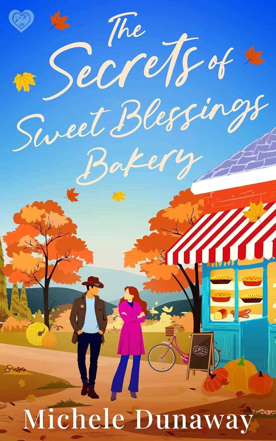 Cover for the cozy, small town romance, The Secrets of Sweet Blessings Bakery, a fall romance by Michele Dunaway