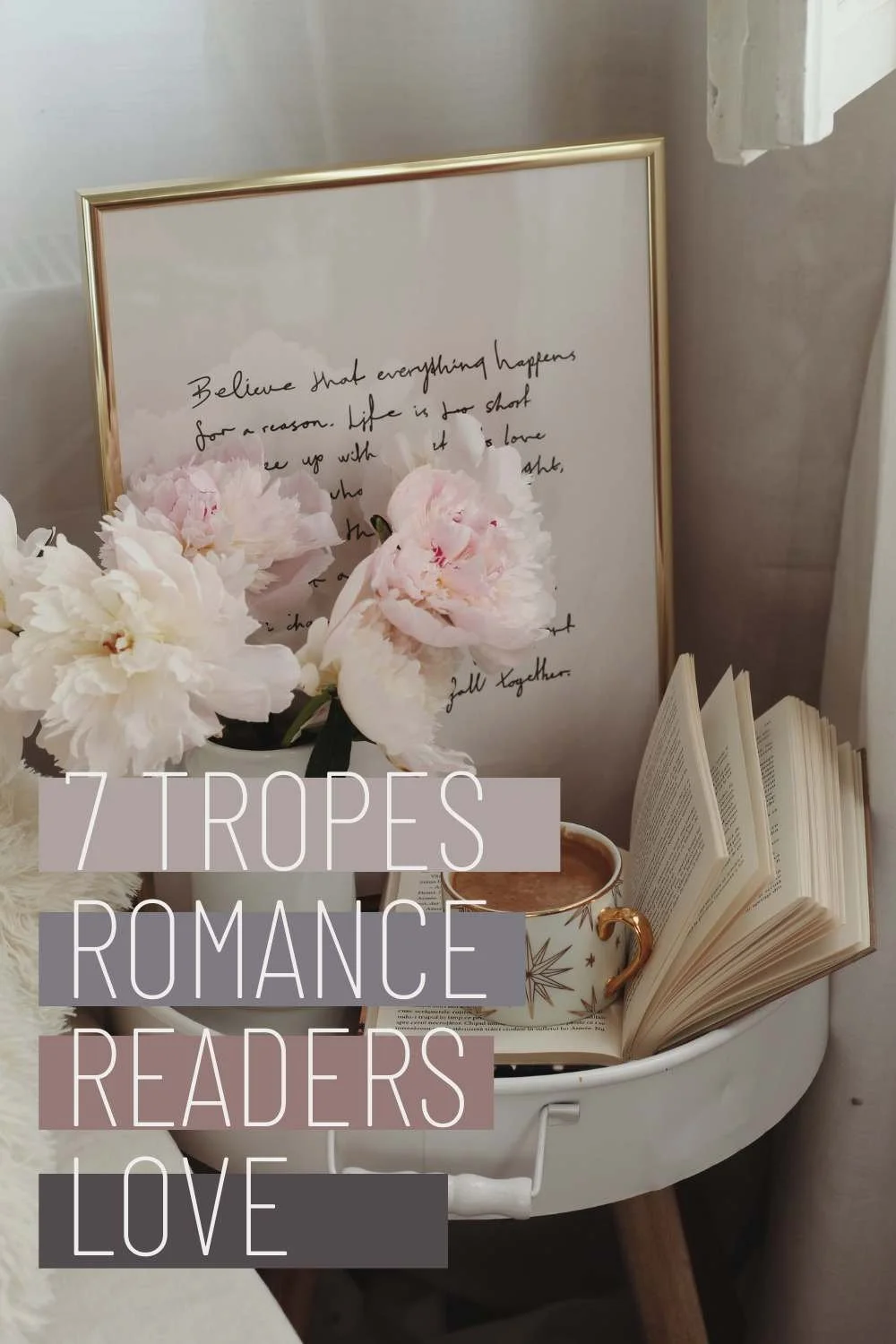 Display of book, peonies in a vase, motivational framed quote and coffee in a decorative tray