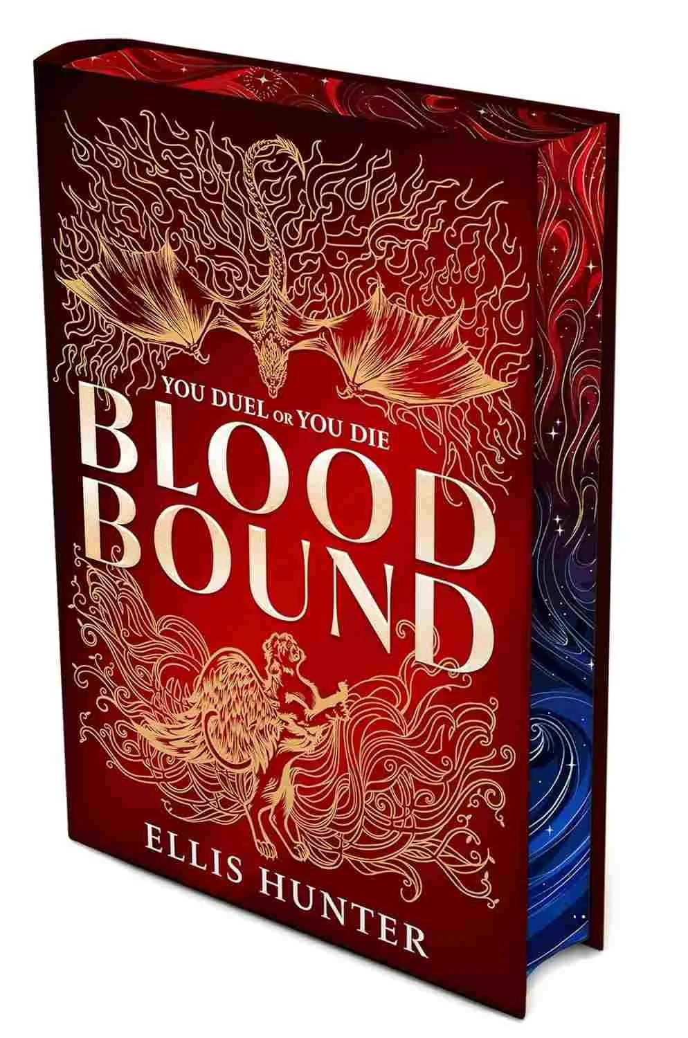 Deluxe edition hardcover of Blood Bound by Ellis Hunter, a fantasy romance novel featuring a red cover with gold dragon and winged figure illustrations, ornate swirling details, and decorative sprayed edges.