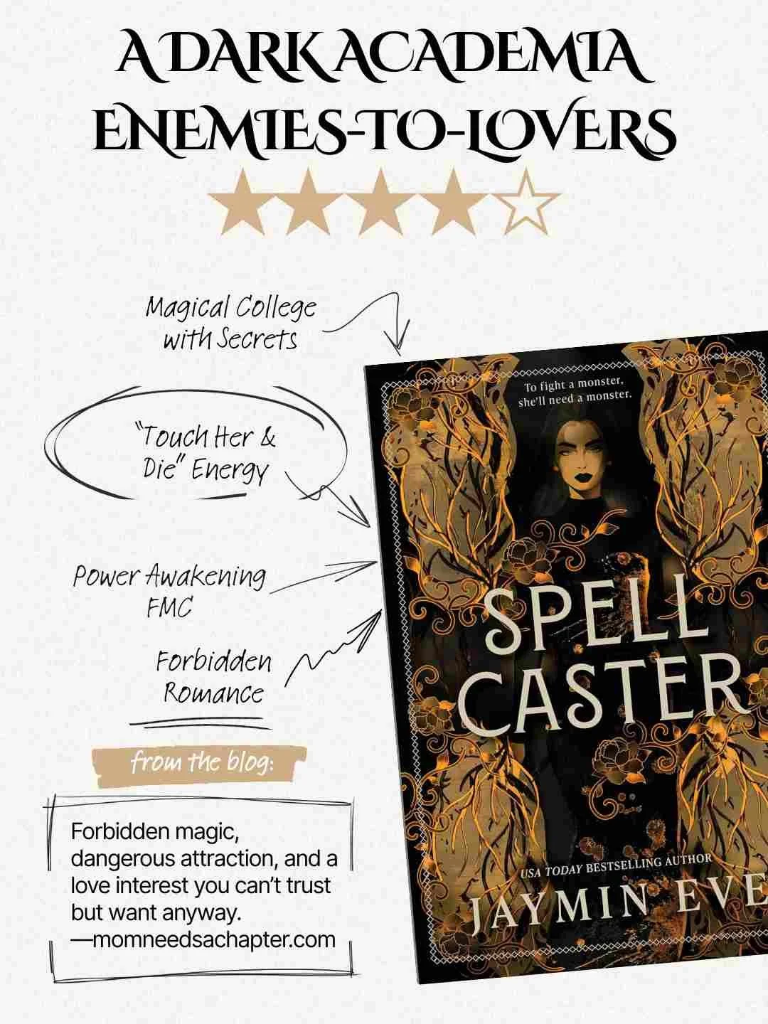 A Dark Academia Enemies-to-Lovers book review of Spellcaster by Jaymin Eve