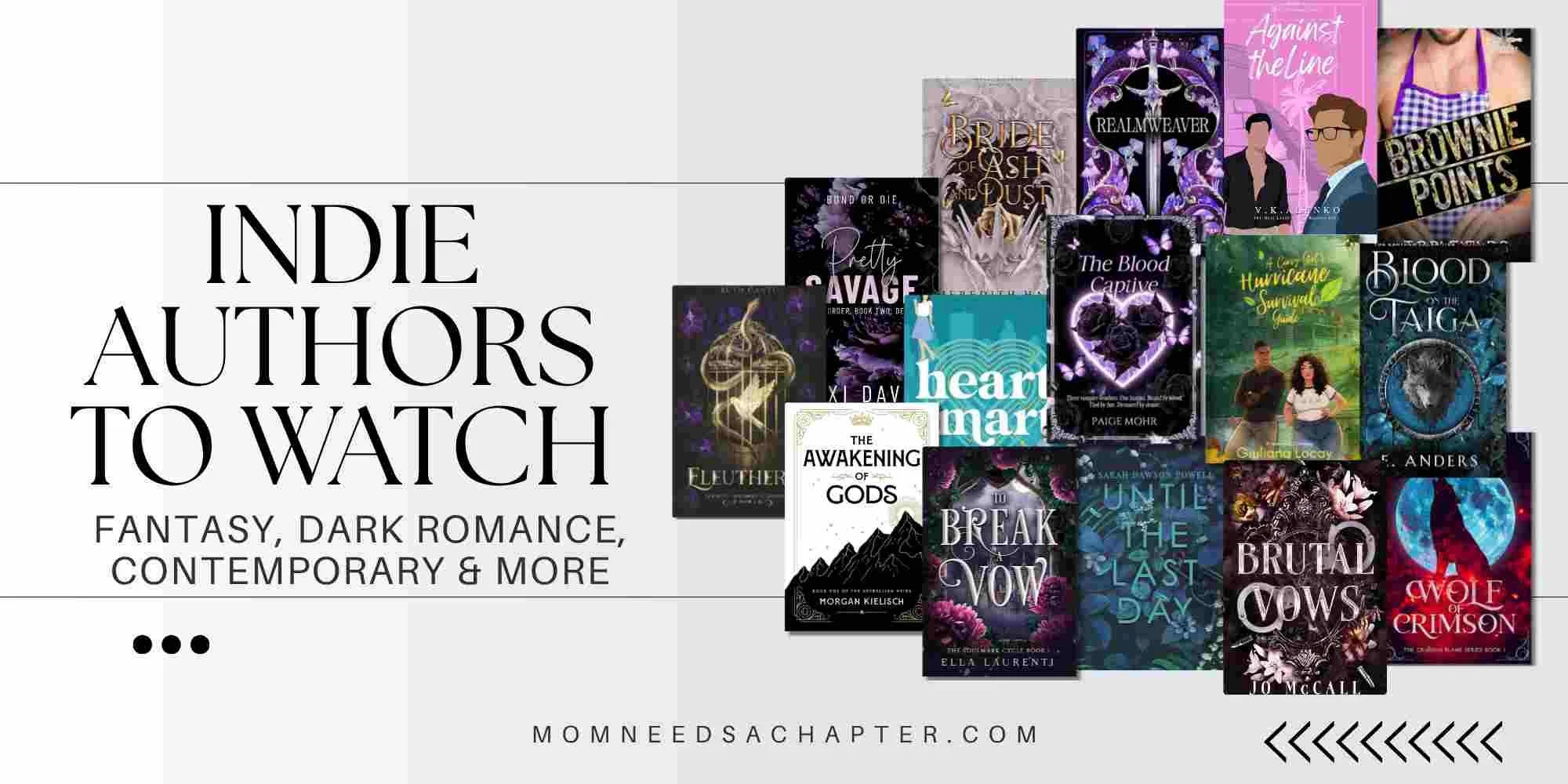 Banner graphic for "Indie Authors to Watch: Fantasy, Dark Romance, Contemporary & More" with collage or indie romantasy, contemporary, dark romance book covers