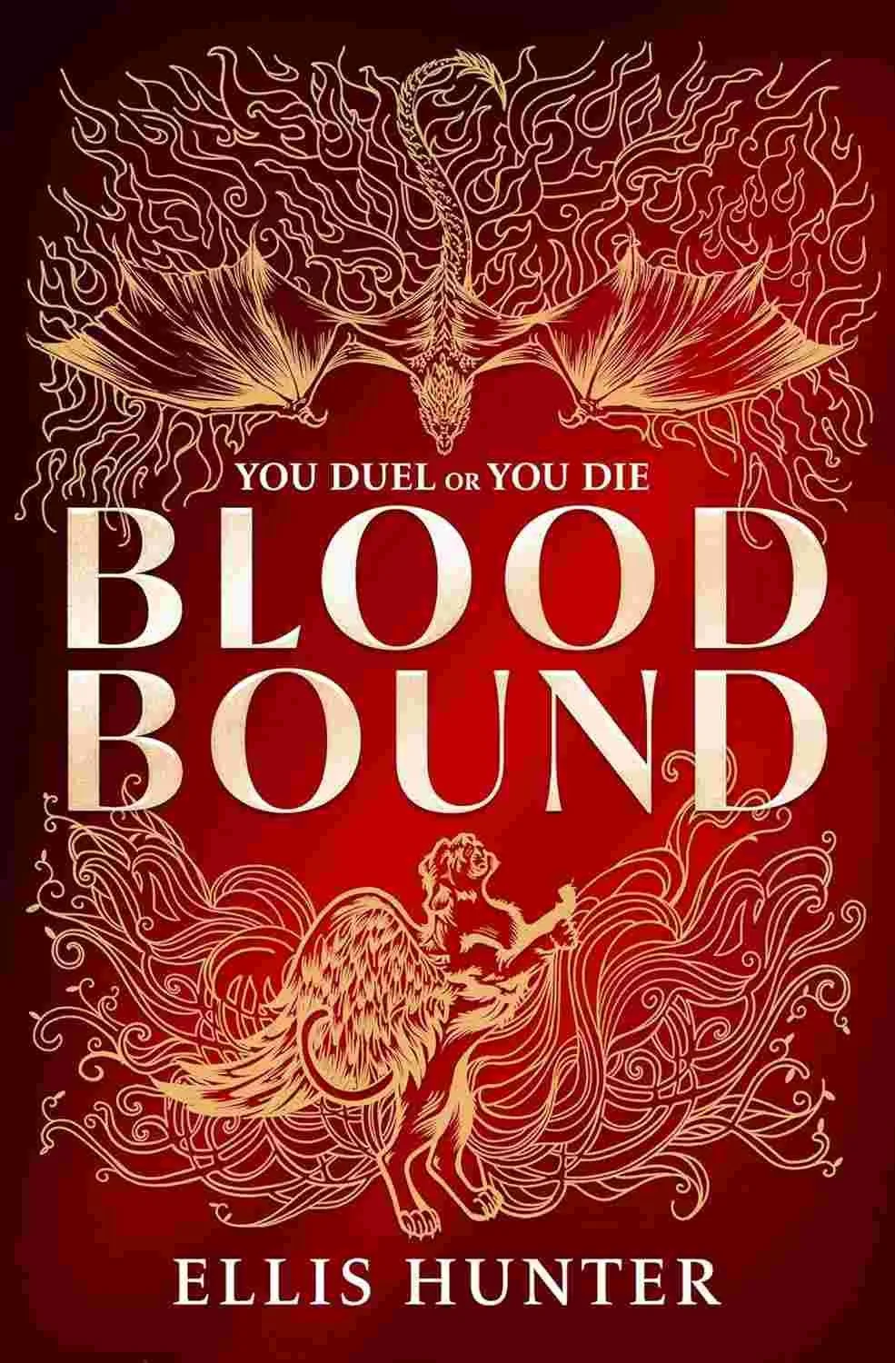 Cover graphic for the 2026 dragon romantasy Blood Bound by Ellis Hunter