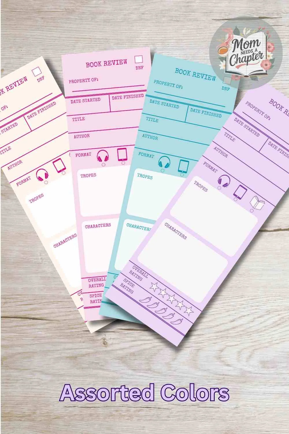 Book Review Bookmarks – Set of 20 | Printable Reading Tracker Bookmarks in Assorted Colors