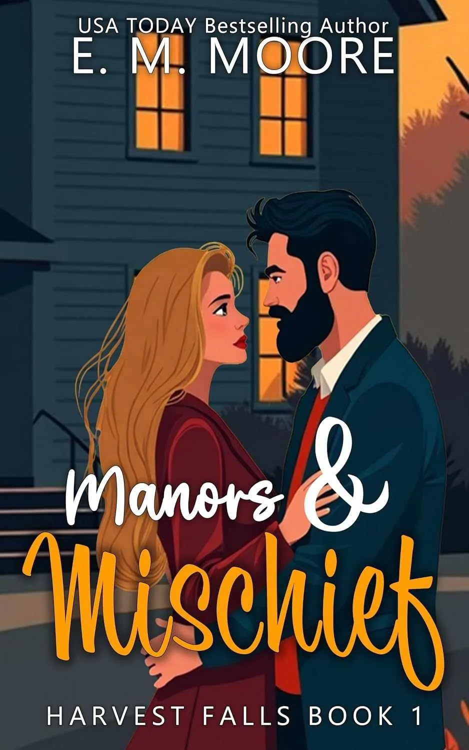 Fall aesthetic cover graphic for the autumn romance Manors & Mischief by E. M. Moore