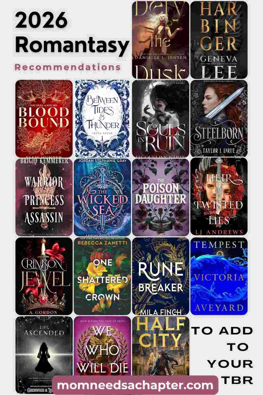 Collage of book cover graphics featuring 2026 romantasy recommendations
