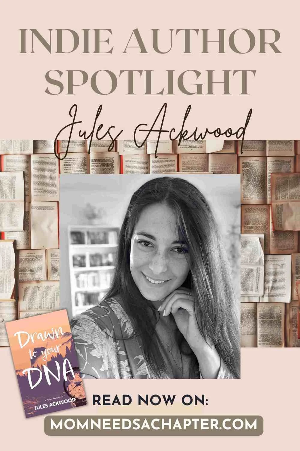 Graphic for the Indie Author Spotlight blog post for indie romance author Jules Ackwood and her book Drawn to Your DNA
