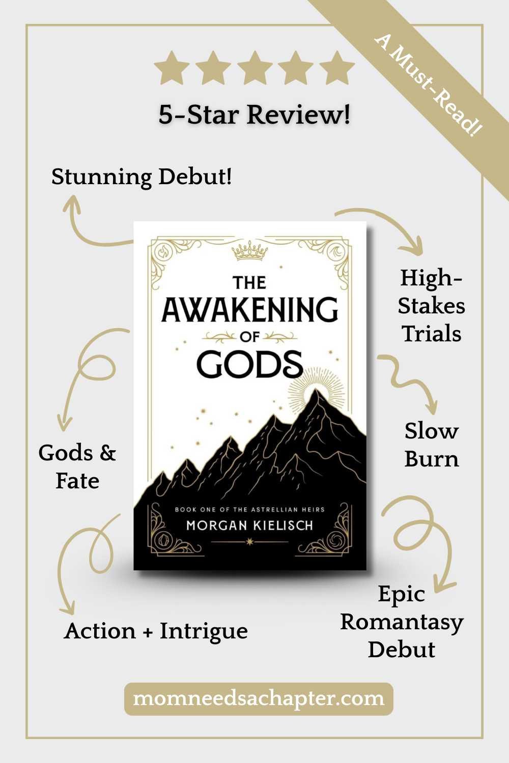 Pinterest graphic showing The Awakening of Gods by Morgan Kielisch with arrows pointing to tropes and title says 5- star read