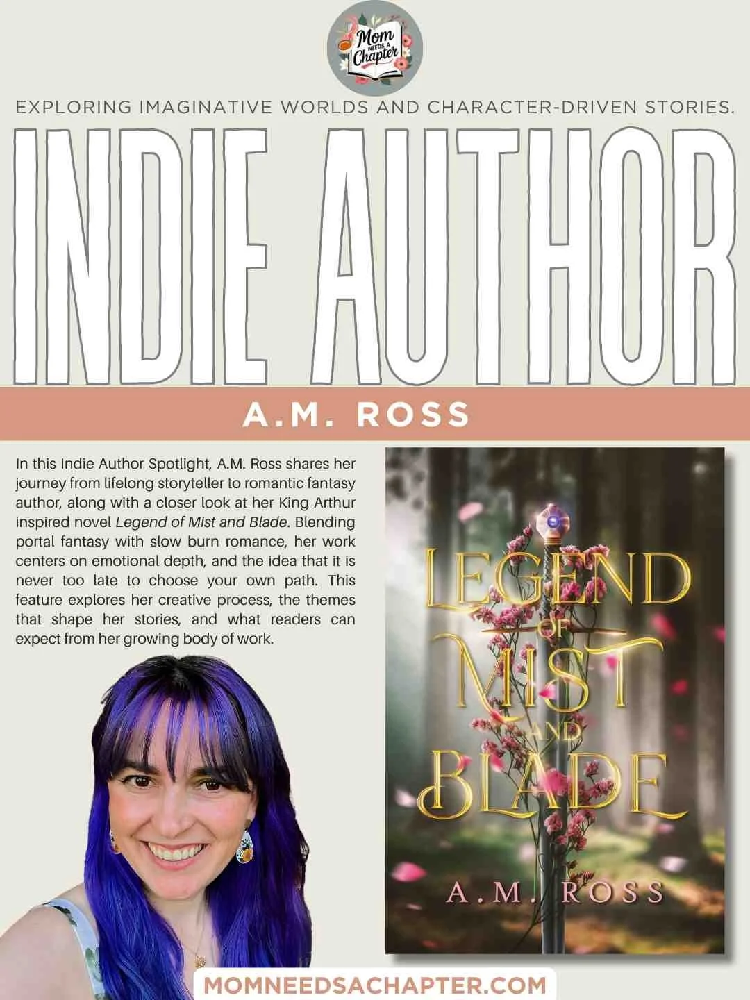 Indie Author Spotlight image for blog featuring headshot of author AM Ross and cover graphic of book Legend of Mist and Blade