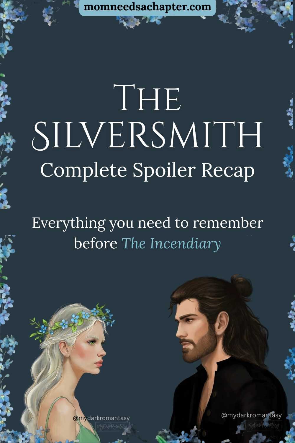 Graphic for the blog post about The Silversmith complete spoiler recap featuring character art of Ary and Gavin