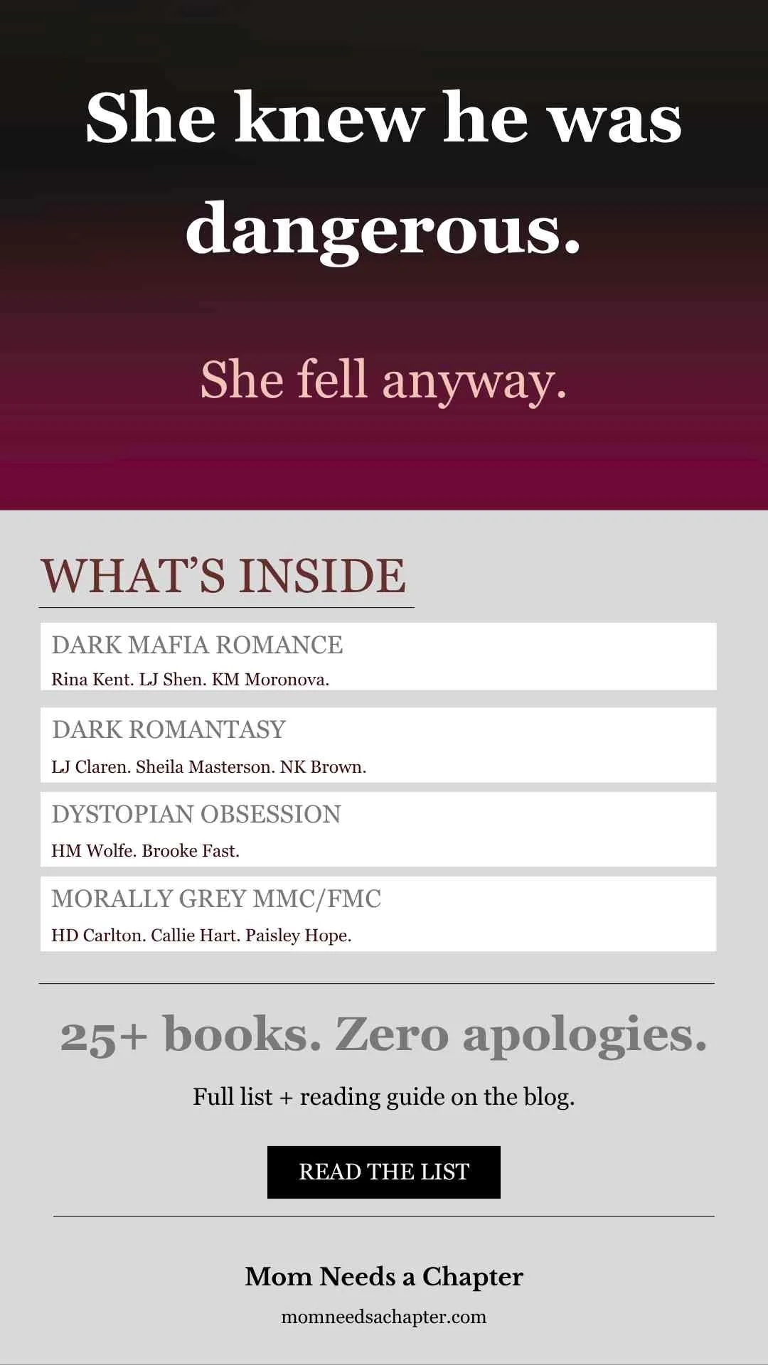 Pinterest graphic with black to red ombre background, "She knew he was dangerous. She fell anyway."