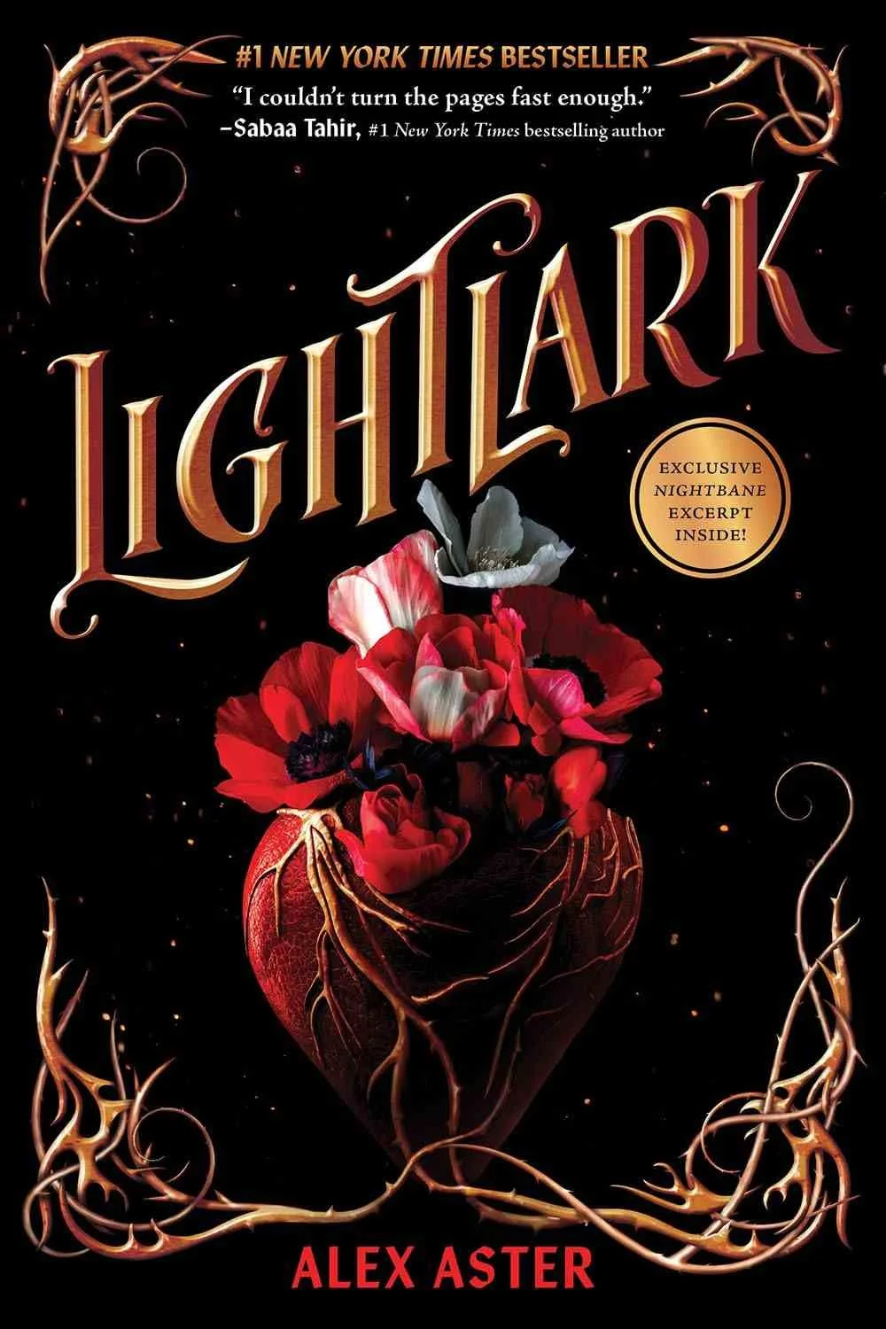 Lightlark by Alex Aster book cover featuring a fantasy romantasy design with a heart and vines, representing a deadly game between cursed realms in the Lightlark Saga