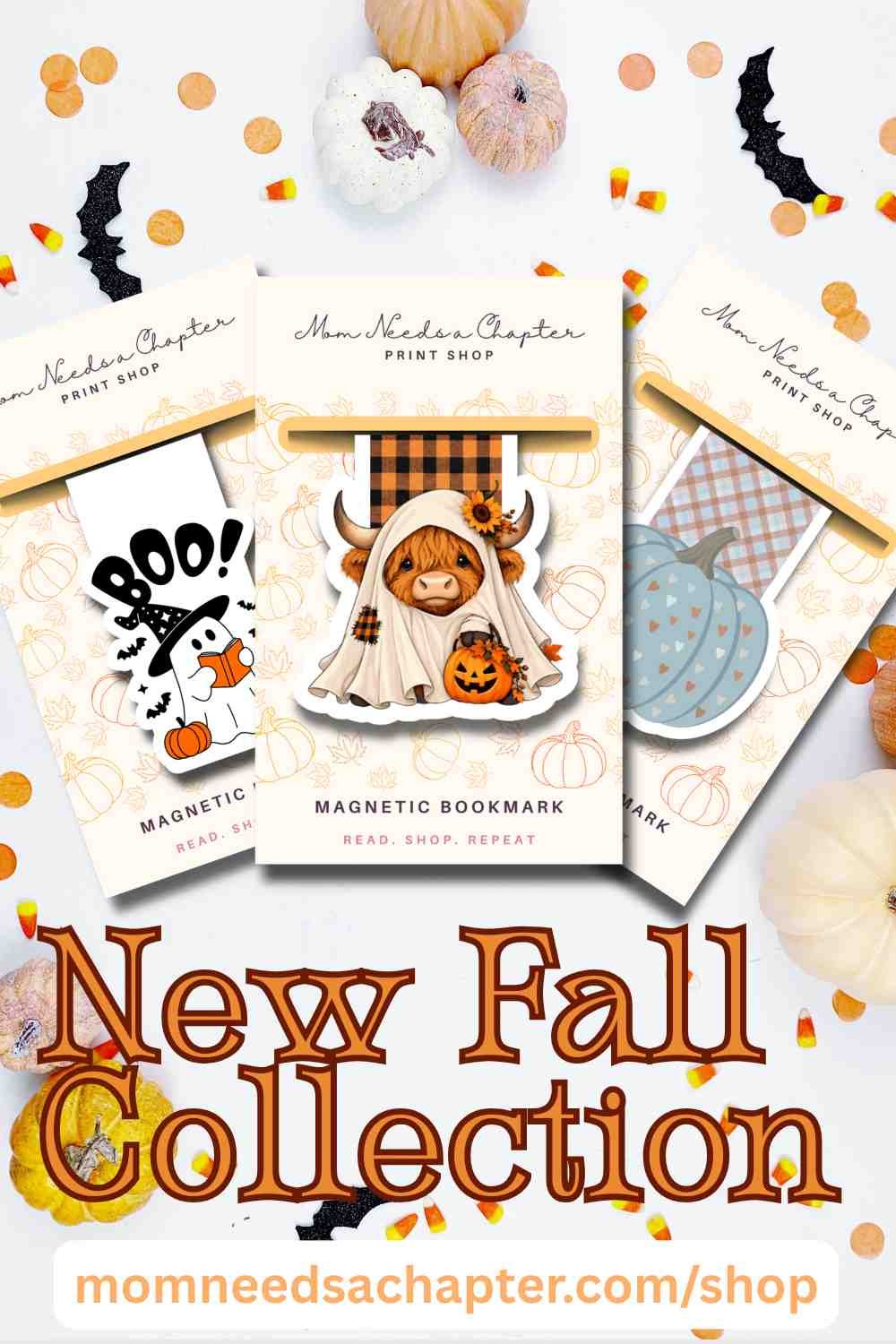 Ad showing fall-themed magnetic bookmarks on a halloween themed background with text reading "New Fall Collection, momneedsachapter.com"