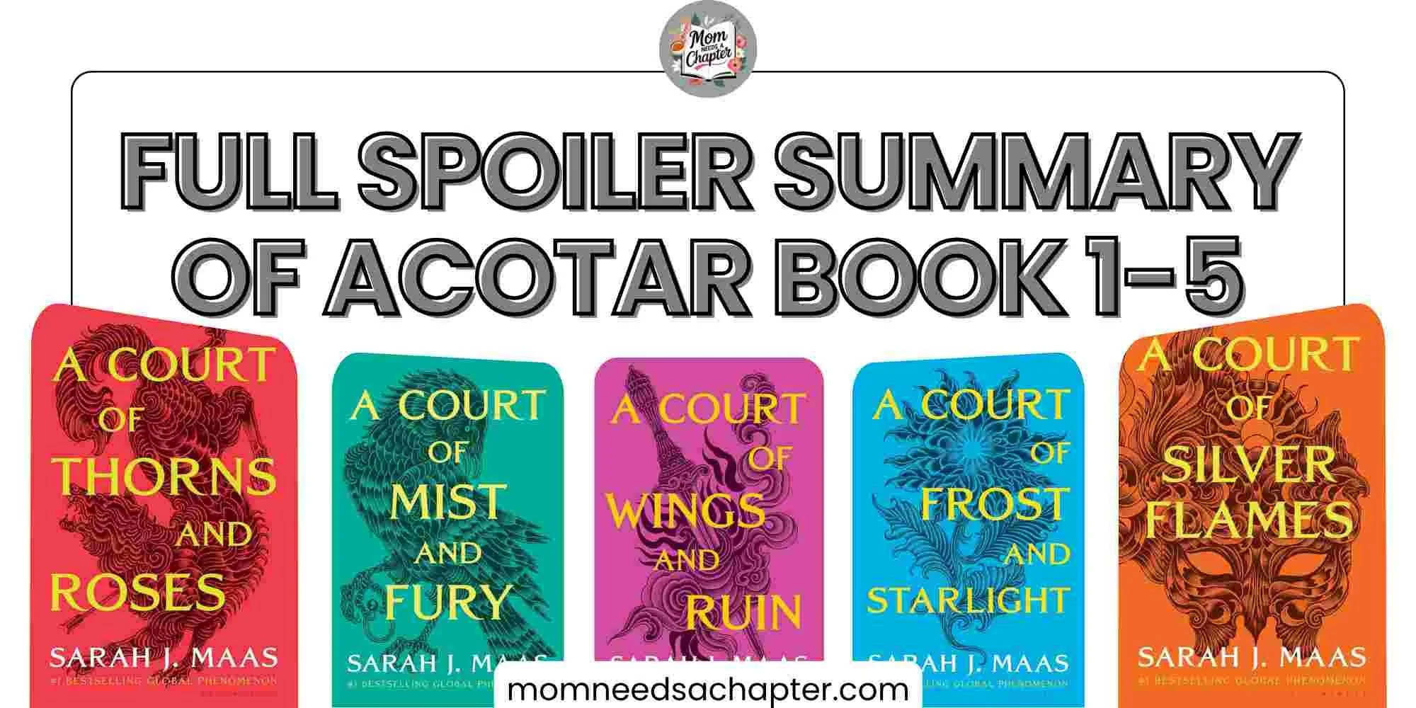 Full spoiler summary of A Court of Thorns and Roses books 1–5 by Sarah J. Maas, featuring the ACOTAR book covers and Mom Needs a Chapter branding.