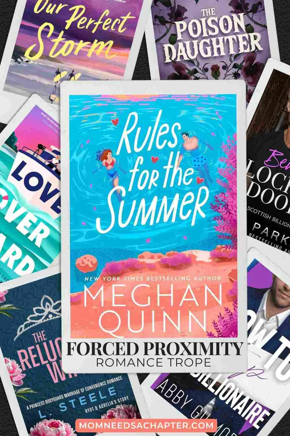 Photo collage of book covers featuring different forced proximity romances