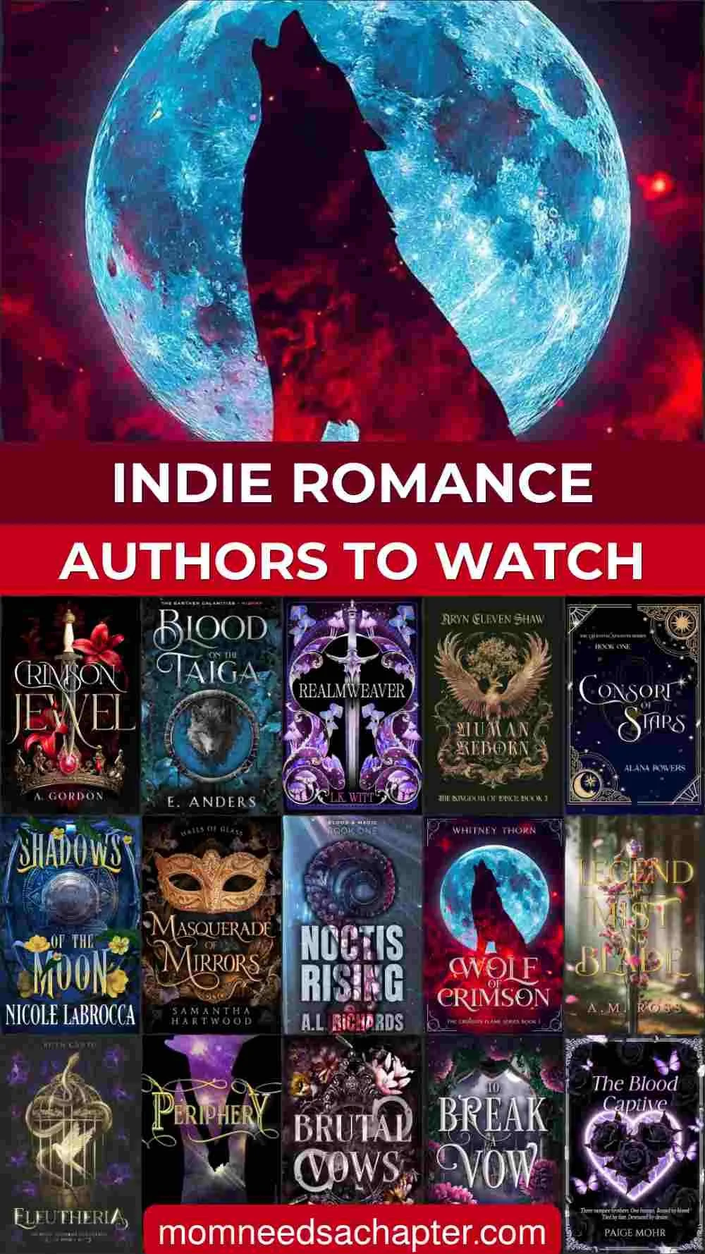 Pinterest graphic for blog post titled "Indie Romance Authors to Watch" with book cover collage for indie romantasy, indie contemporary and indie dark romances