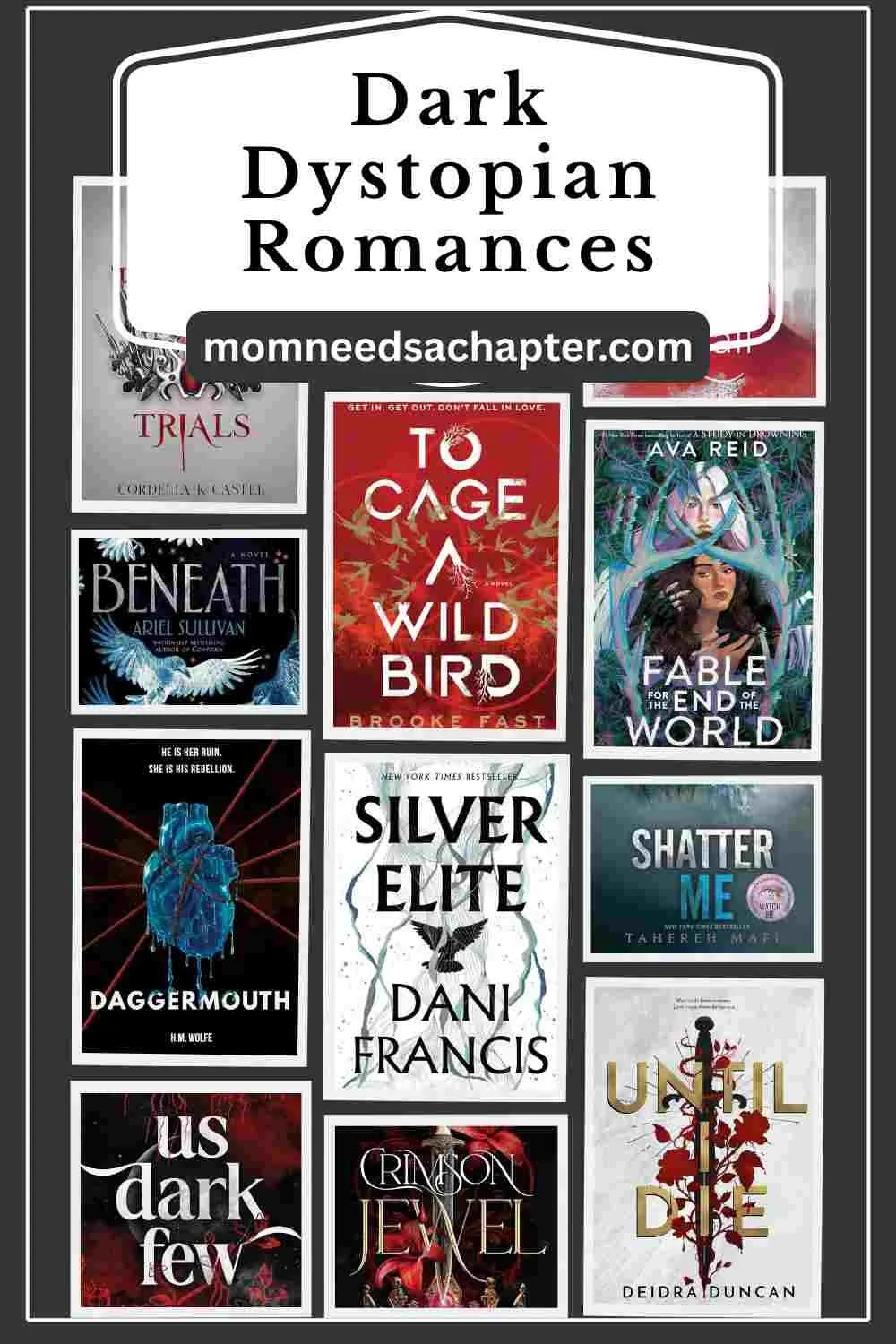Graphic labeled Dark Dystopian Romances with different book covers of dystopian romances from momneedsachapter.com