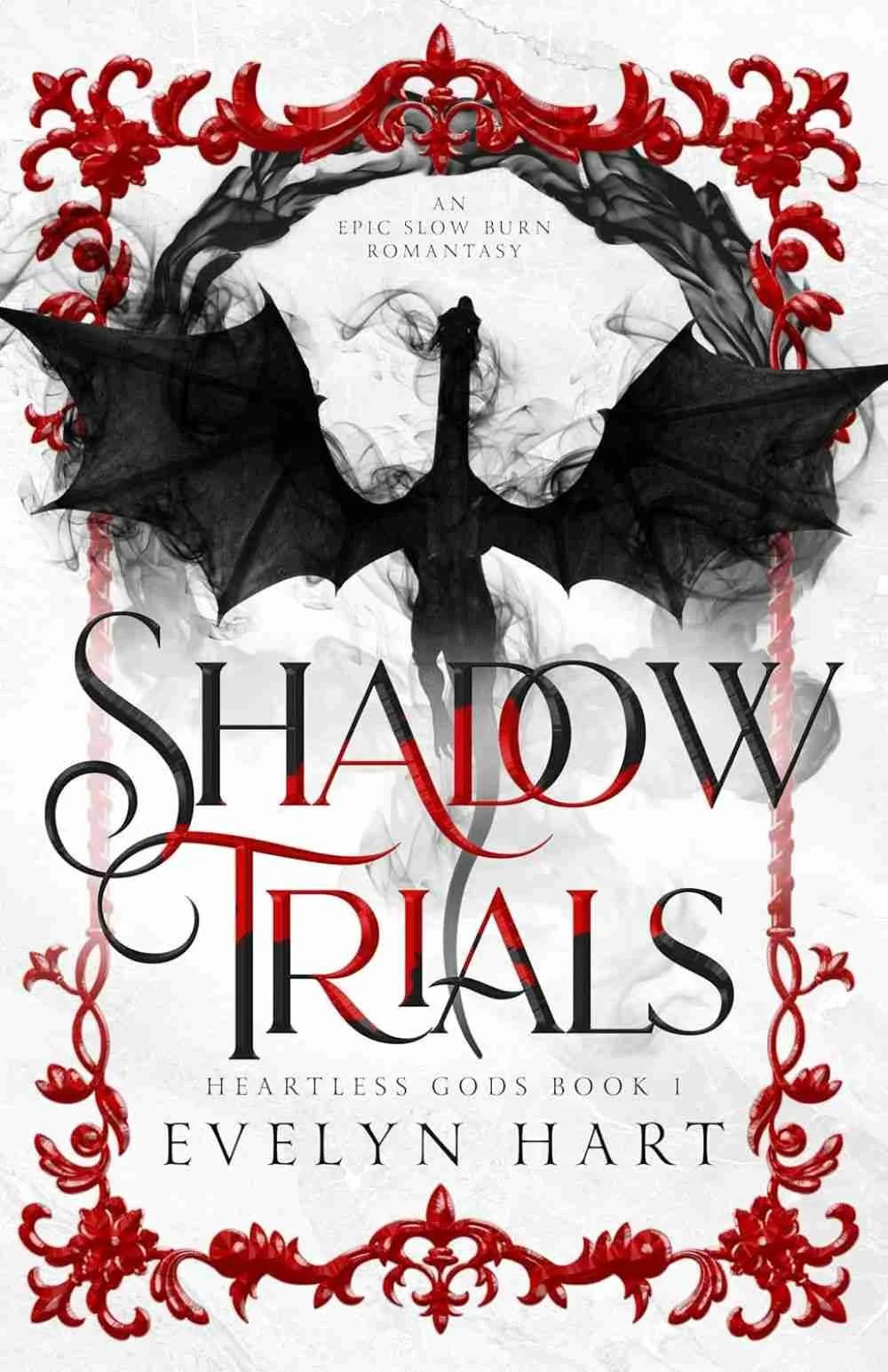 Cover graphic of the 2026 slow burn romantasy Shadow Trials by Evelyn Hart