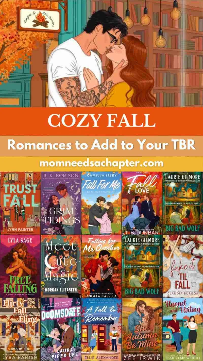 Fall themed romances pinterest graphic featuring cozy fall romance book covers