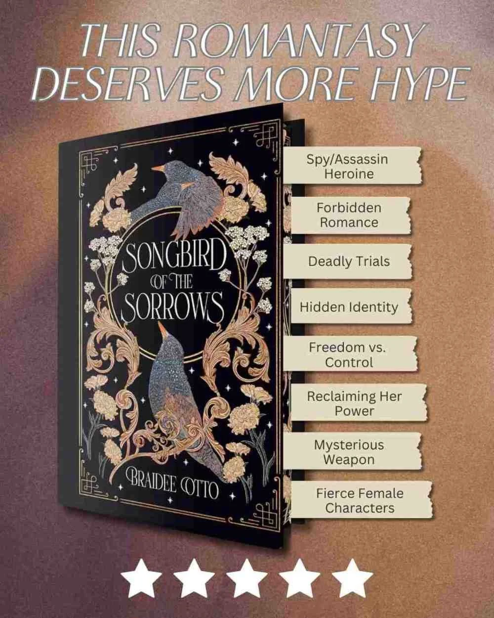 Blog graphic for the 5-star review of Songbird of the Sorrows by Braidee Otto