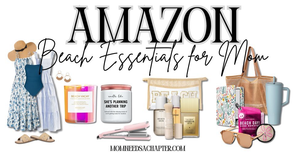 Beach essentials for moms featuring summer vacation must-haves and beach day accessories. Summer beach packing list with practical beach essentials for women and moms.