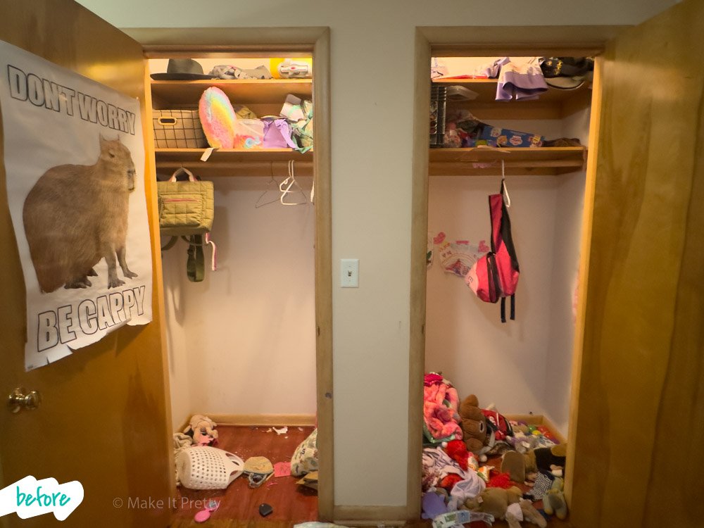 Two messy closets with toys, clothes, and stuffed animals scattered on the floor. The left closet has a wire basket, a hat, and a colorful stuffed item on the shelf. The right closet has a pink backpack hanging, toys and dolls on the floor, and cloth