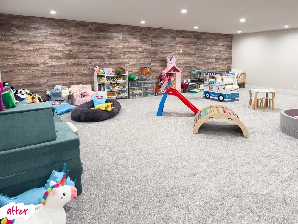 Children's playroom with toys, stuffed animals, playground equipment, and storage shelves