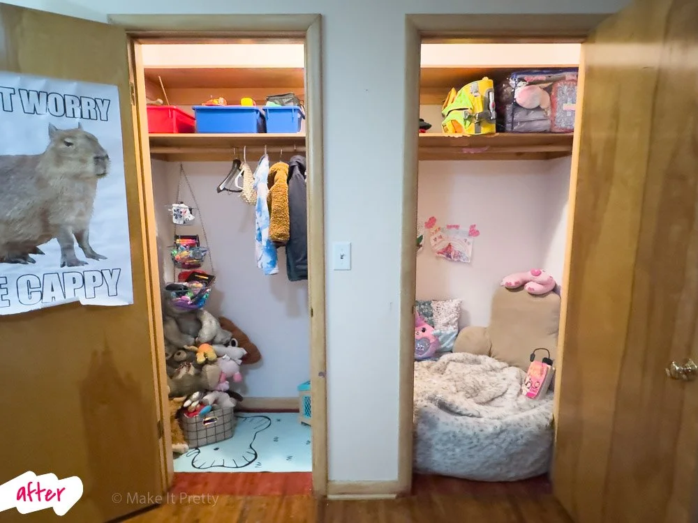 Two small closets side by side, one filled with stuffed animals and toys, and the other with a small seating area and children's toys.