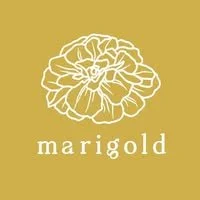 A line drawing of a marigold flower with the word "marigold" underneath, on a gold background.