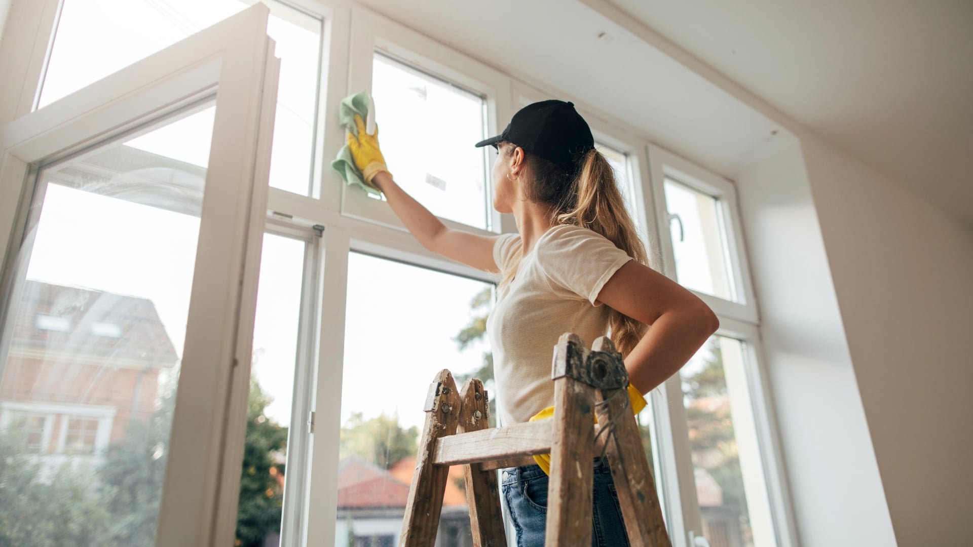 A woman cleaning windows while standing on a wooden ladder inside a house during daytime.