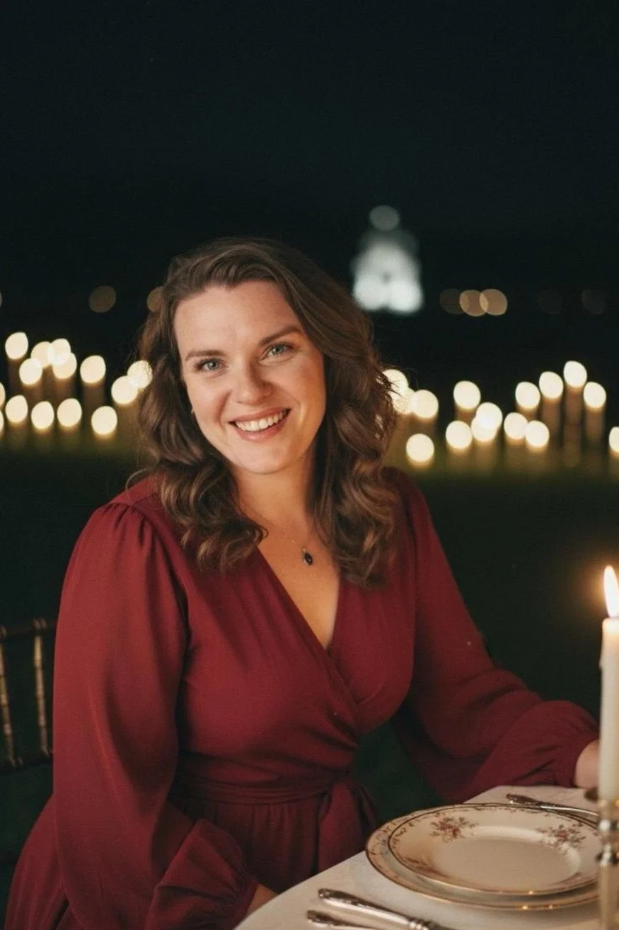 A woman with curly brown hair, wearing a burgundy dress, sitting at a dinner table with lit candles, smiling at the camera with a cityscape illuminated in the night in the background.