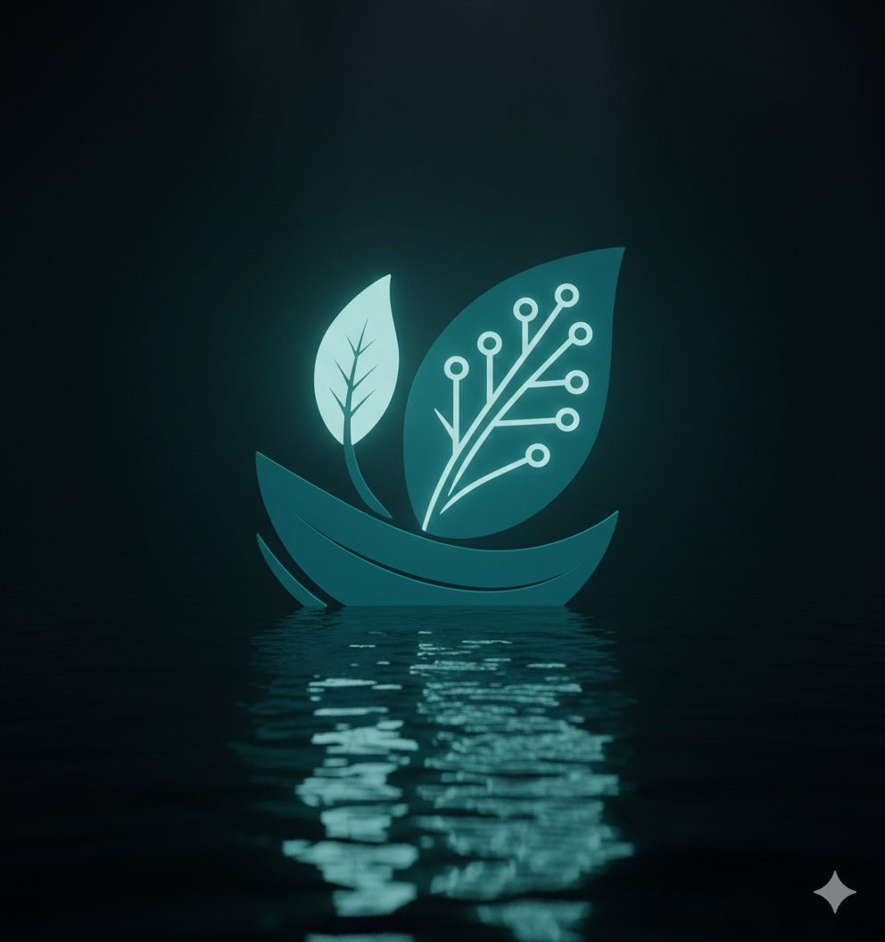 GreenHuls, Digital glowing icon of leaves and a plant inside a boat reflected on a dark water surface