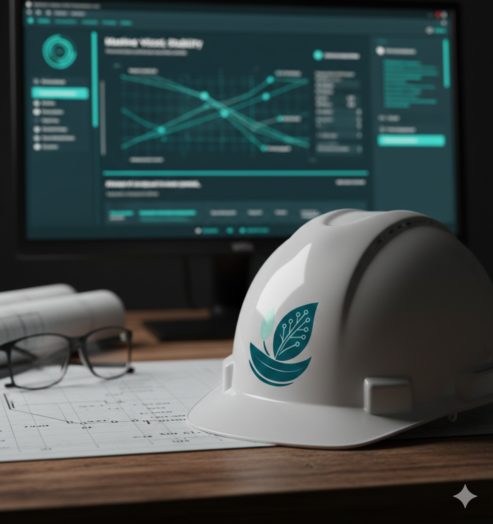 A white safety helmet with the GreenHulls Logo 'a plant and circuit' on it sits on a desk in front of a computer monitor displaying data charts and graphs, alongside glasses and documents.