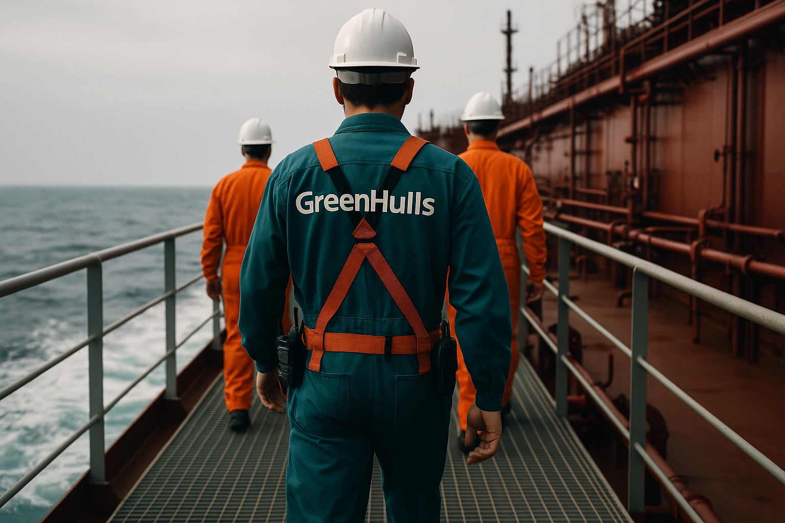 Workers on a ship's deck, one wearing a green uniform with "GreenHulls" written on the back and a white helmet, and two others in orange uniforms and white helmets, with the ocean and ship’s equipment visible in the background.