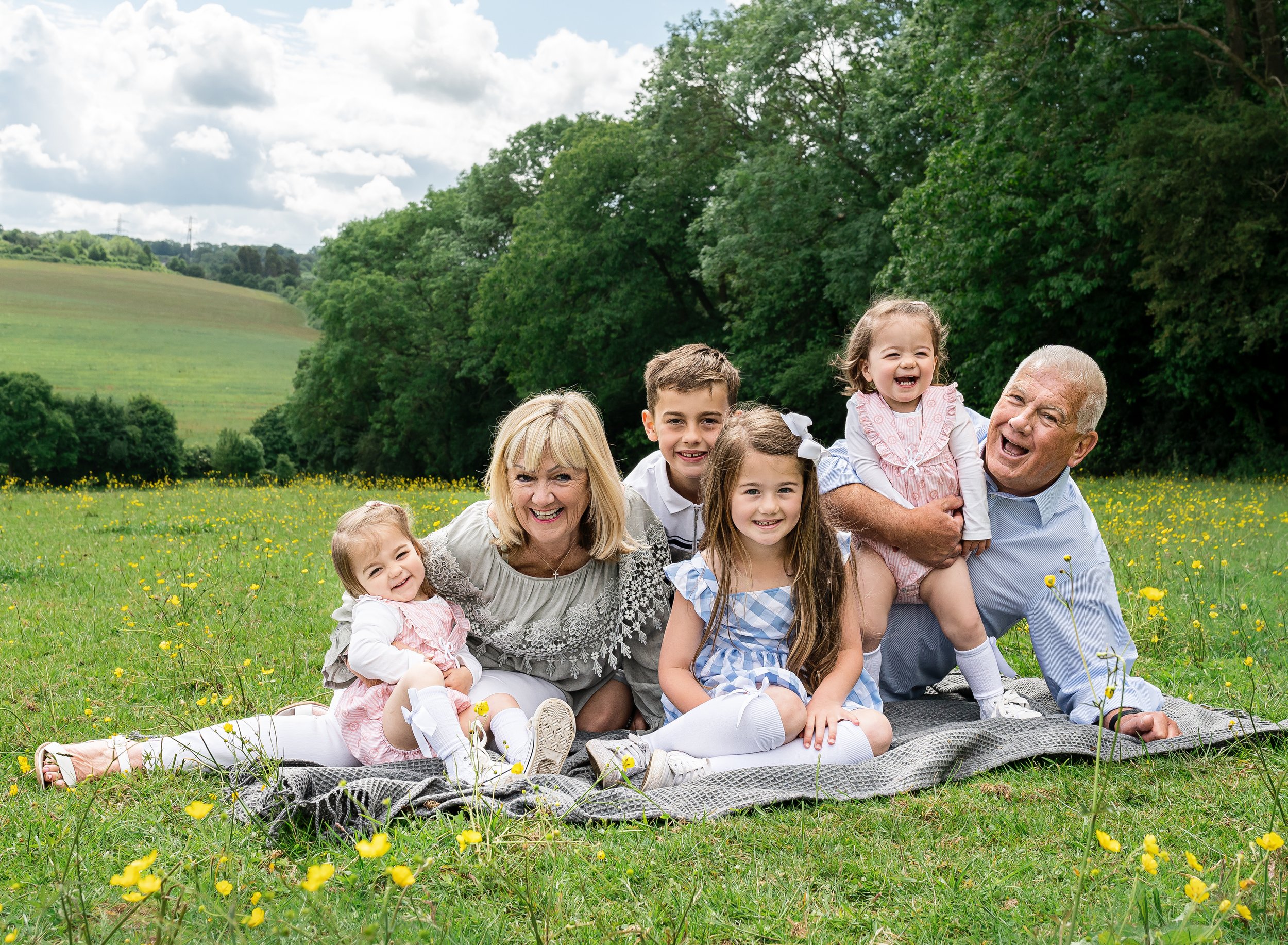 Family of seven, including grandparents, parents, and children, smiling and lying on a picnic blanket in a grassy field with yellow flowers, trees, and cloudy sky in the background.