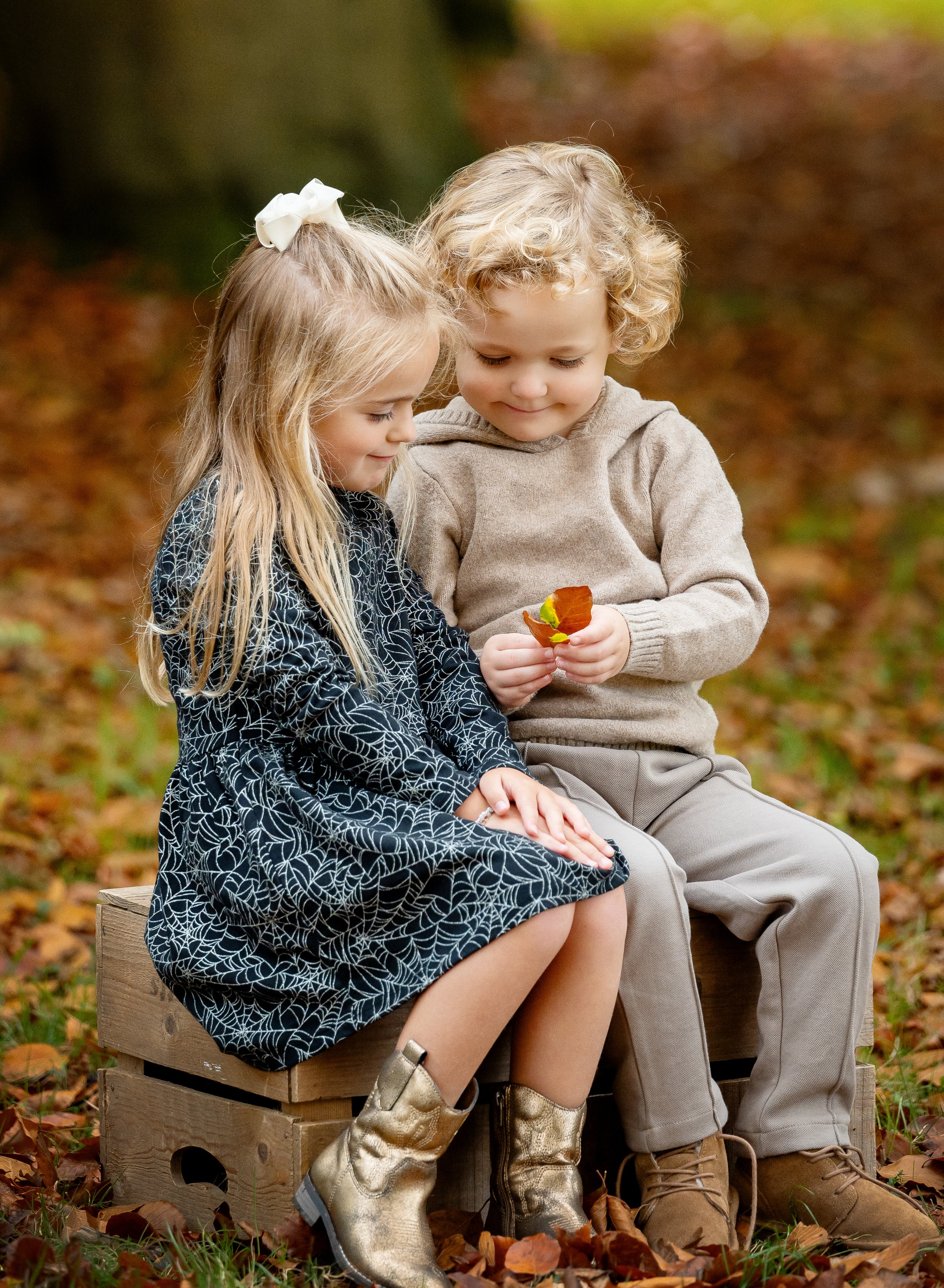 A young boy and girl sitting on a wooden crate outdoors, the girl wearing a black dress with spiderweb print and gold boots, the boy in a beige hoodie and pants, both looking at a leaf the boy is holding in his hands surrounded by fallen autumn leave