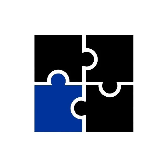 Four interlocking puzzle pieces, two black and two blue, arranged in a square.