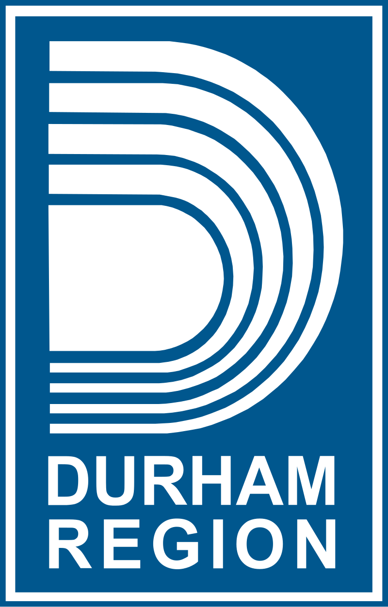 Blue rectangular sign with a large stylized letter D and the text "Durham Region" beneath it.