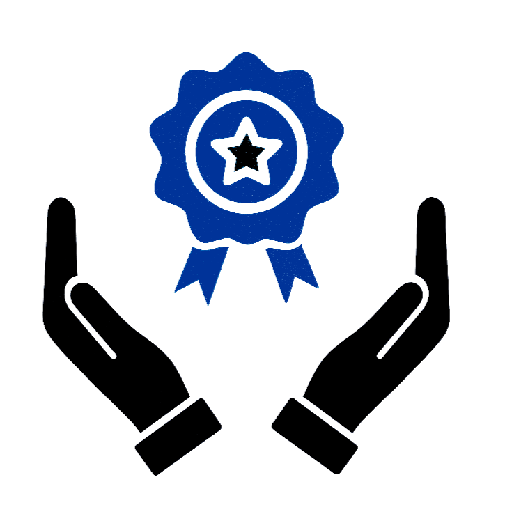Two black hands holding a blue award ribbon with a star in the center.