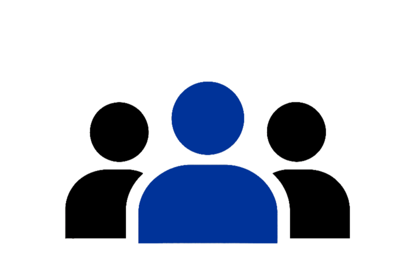 Icon of three people, with the central figure in blue and the others in black.
