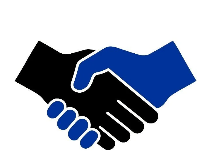Graphic of two hands shaking, one in black and one in blue, symbolizing agreement or partnership.