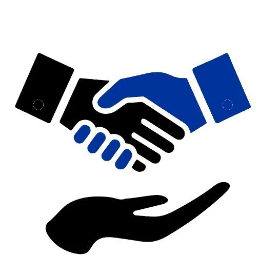An illustration of a handshake above an open hand, symbolizing partnership or helping hand.