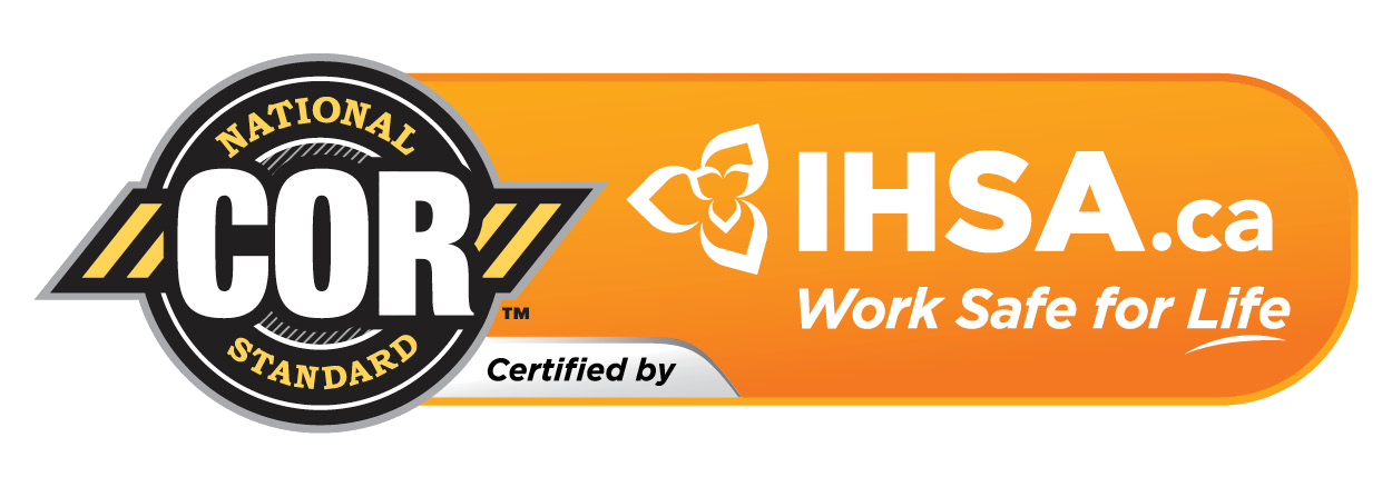 A certification badge for National COR Standard by IHSA.ca with the slogan 'Work Safe for Life'.