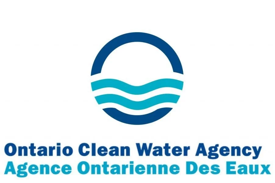 Logo of Ontario Clean Water Agency with a water wave symbol and text in English and French.