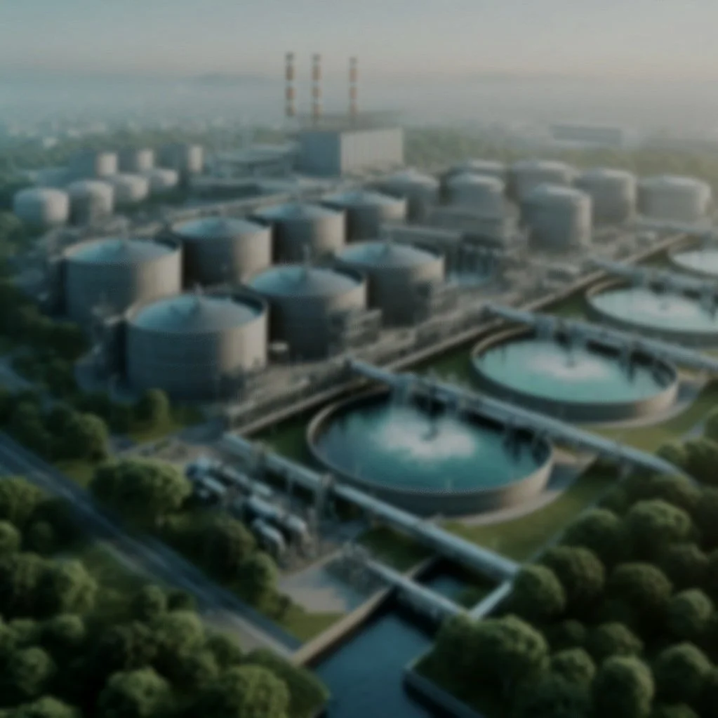 Aerial view of a large industrial wastewater treatment plant with circular tanks, tanks with two smokestacks, and surrounding greenery.