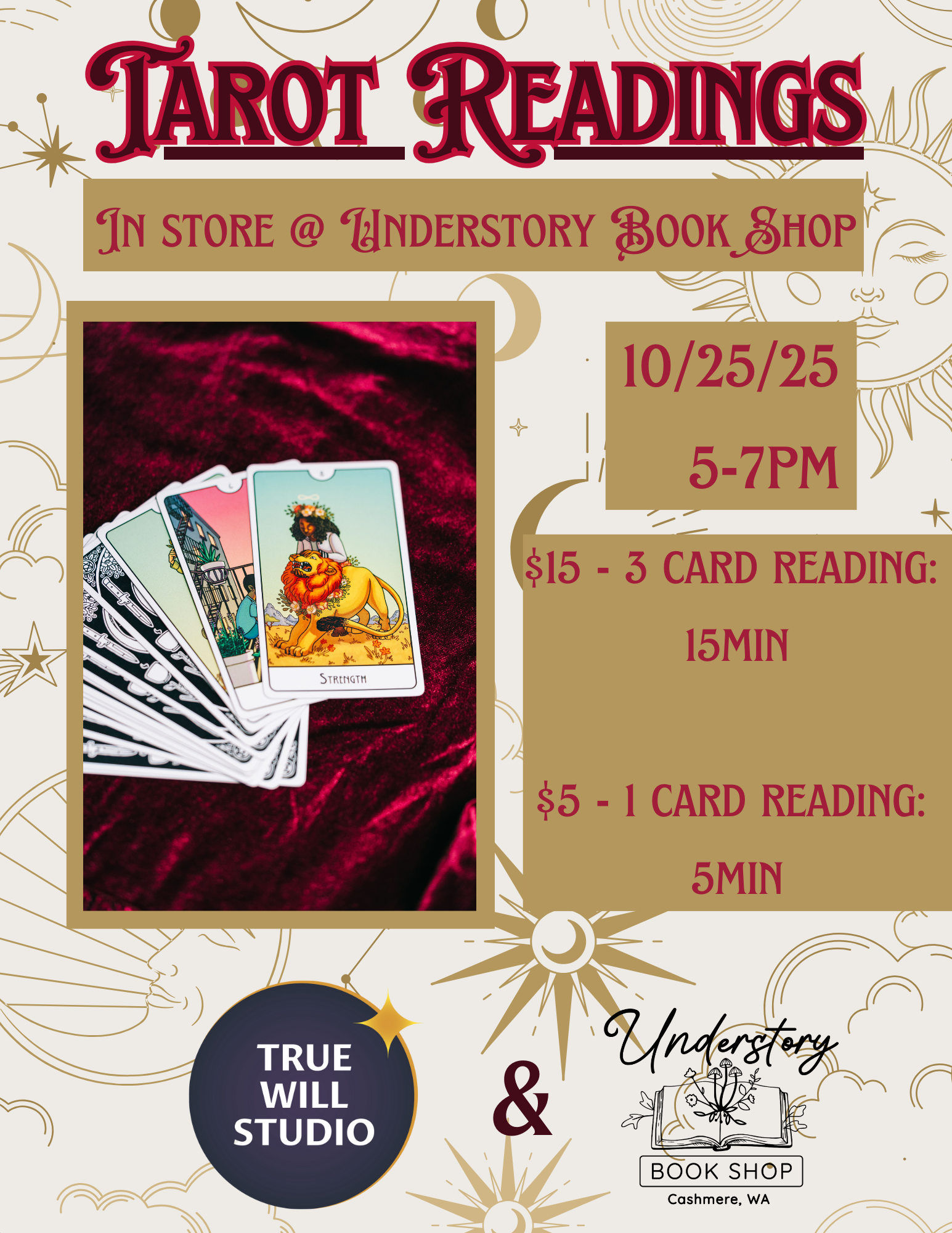 Flyer advertising in-store tarot readings at Understory Book Shop in Cashmere, Washington, on October 25, 2025, from 5 to 7 PM, with options for 3-card (15-minute) and 1-card (5-minute) readings priced at $15 and $5 respectively. The flyer features tarot cards and celestial and sun-themed illustrations.