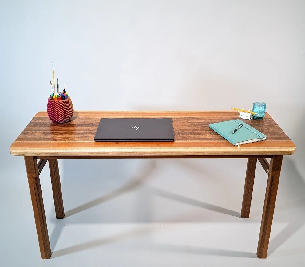 Hardwood Blend Desk: White Oak, Red Oak, Walnut, Hard Maple, and Sapele.