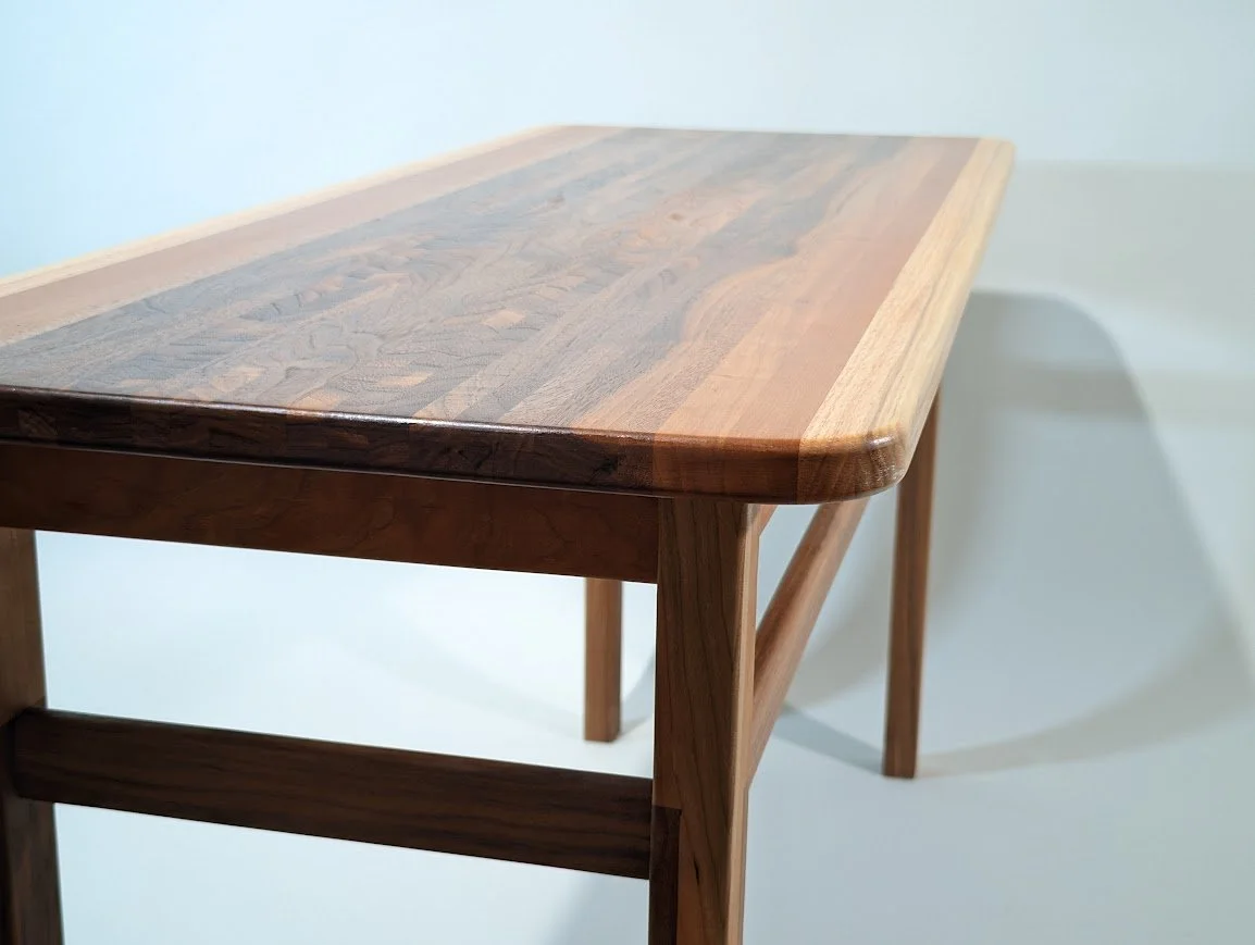 Hardwood Blend Desk: White Oak, Red Oak, Walnut, Hard Maple, and Sapele.