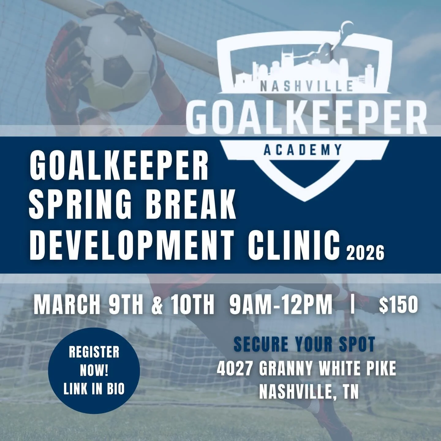 Spring Break GK Camp
📅 March 9 &amp; 10
📍 Nashville
⚽️ 🧤Elite goalkeeper training
Limited spots available.
Register 👉 https://www.nashvillegoalkeeperacademy.com/development-clinics