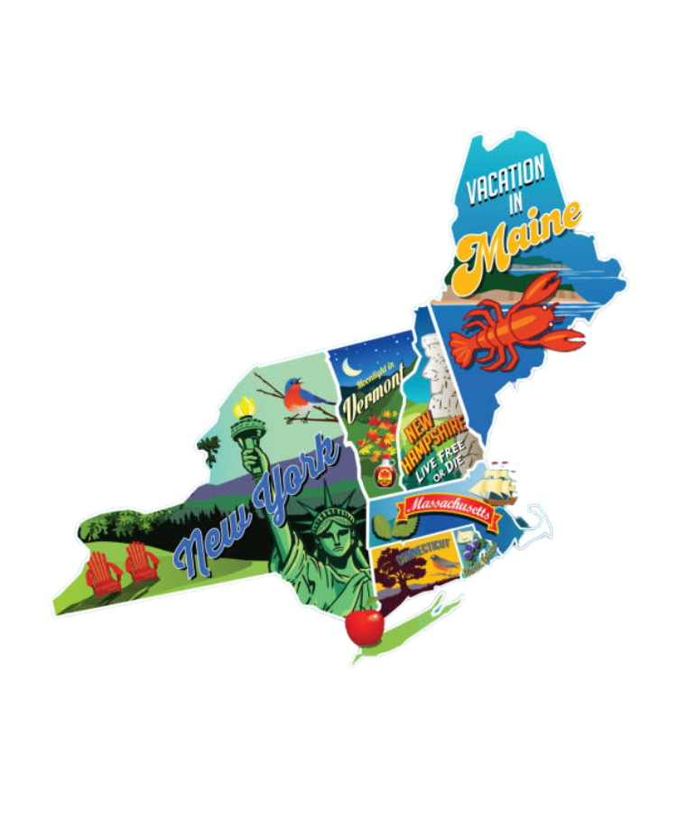 Colorful illustrated map of the states of New York, Vermont, New Hampshire, Maine, and Massachusetts, featuring landmarks, symbols, and icons representing each state, including the Statue of Liberty, a lobster, and scenic views.
