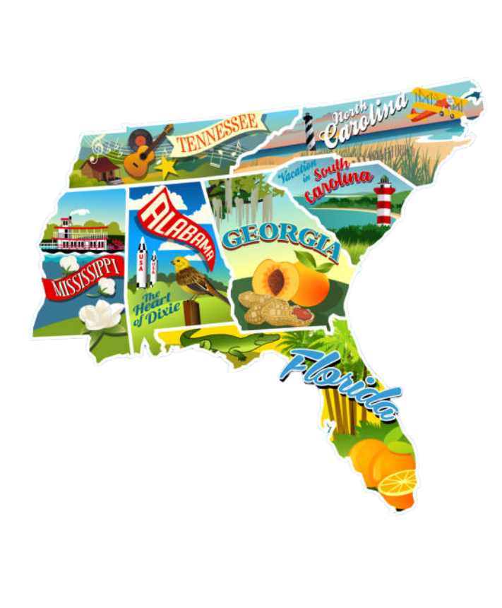 A colorful illustrated map of the southeastern United States highlighting states: Tennessee, North Carolina, South Carolina, Georgia, Florida, Alabama, Mississippi. Each state features icons representing local attractions or products, such as a guitar for Tennessee, peaches for Georgia, citrus fruits for Florida, and a lighthouse for South Carolina.